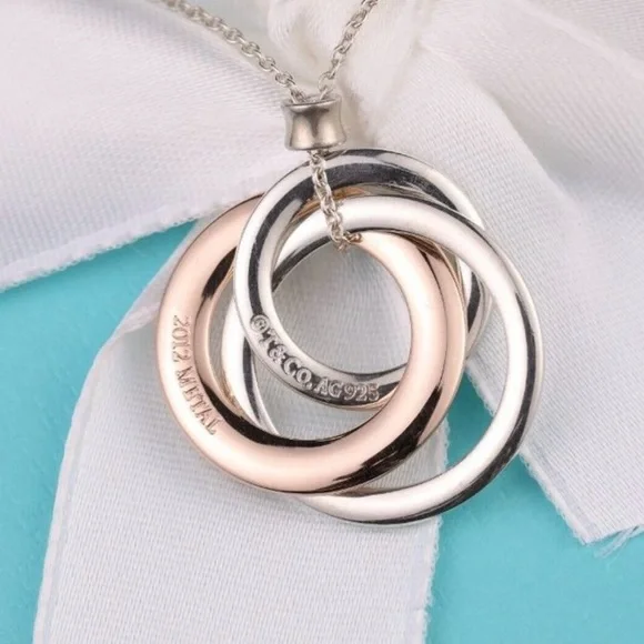 Tiffany & Co. 1837 Interlocking Circles Necklace Rubedo Rose Gold and Silver 18” - Picture 4 of 9